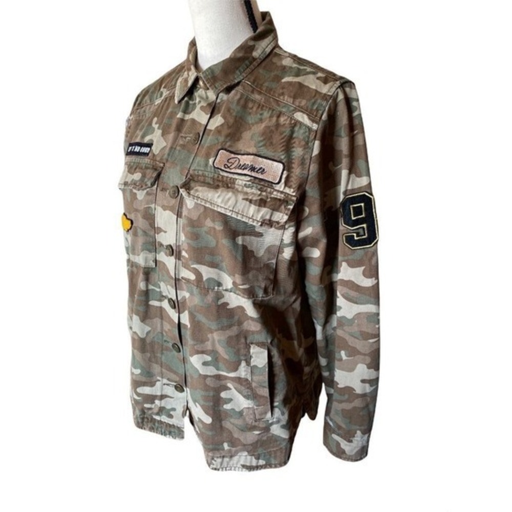 Camo Print Button Down Shirt Jacket with Patches, Military Style, Casual Small - Picture 3 of 14